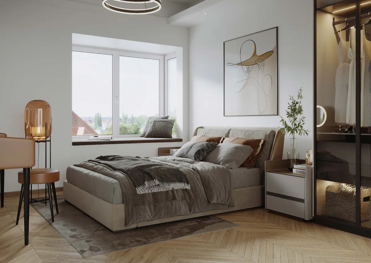 Chambre lumineuse avec une grande fenêtre en PVC