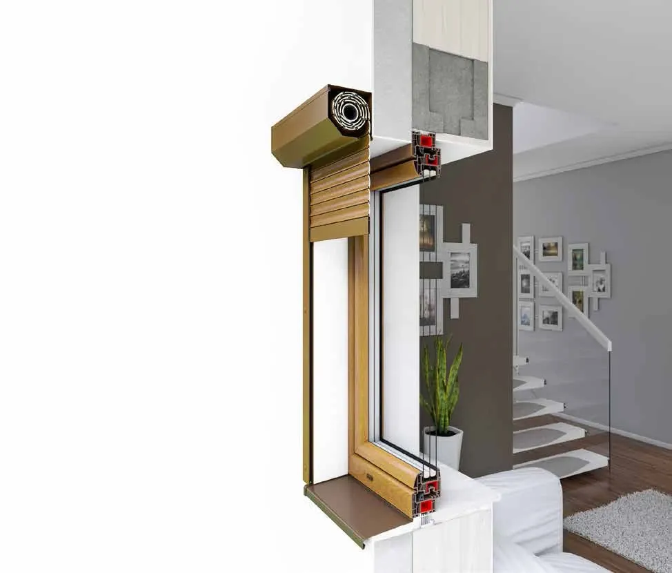 Vue en coupe d'un volet roulant monobloc : caisson isolé au-dessus de la fenêtre et tablier en lames d'aluminium