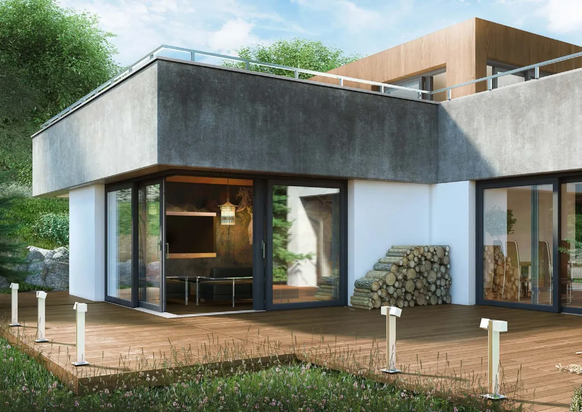 Maison contemporaine avec de grandes baies coulissantes ouvertes sur la terrasse