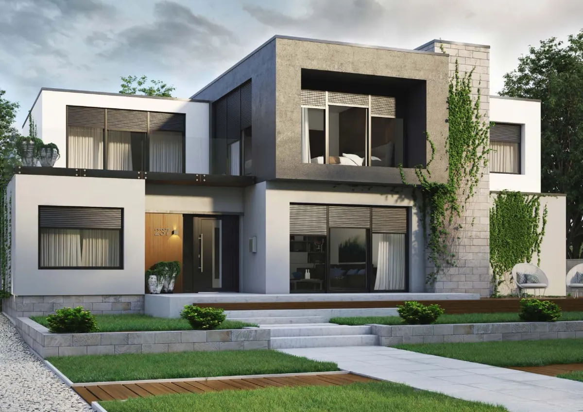 Maison moderne équipée de grands châssis PVC anthracite