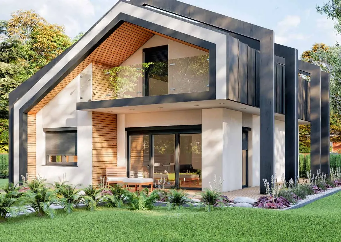 Maison rénovée avec volets roulants en aluminium sur les fenêtres et la baie vitrée
