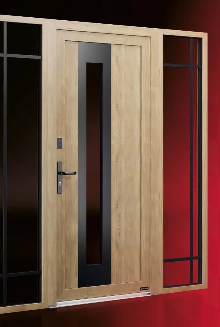 Porte d'entrée aspect bois avec vitrage et fixes latéraux